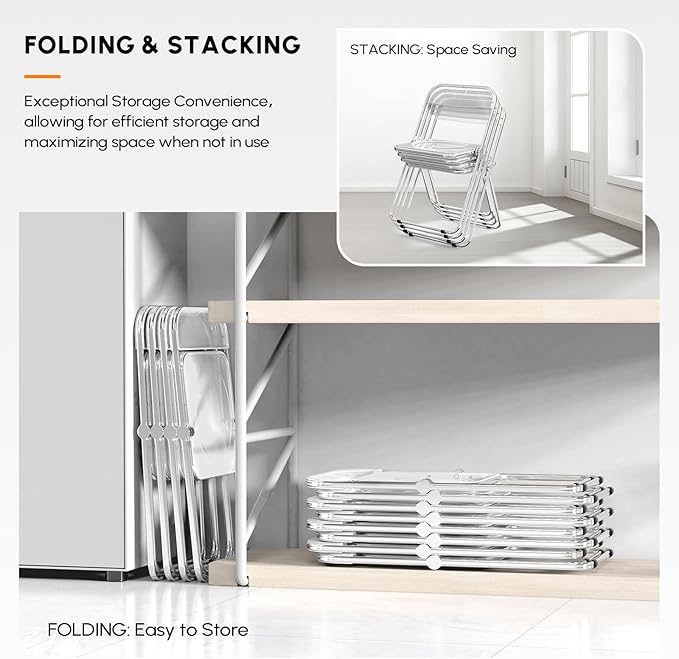 VINGLI Acrylic Folding Chairs 2 Pack, Clear Chair Foldable and Stackable, Plastic Panel & Metal Chrome Frame, Weight Capacity 350 lbs, Transparent
