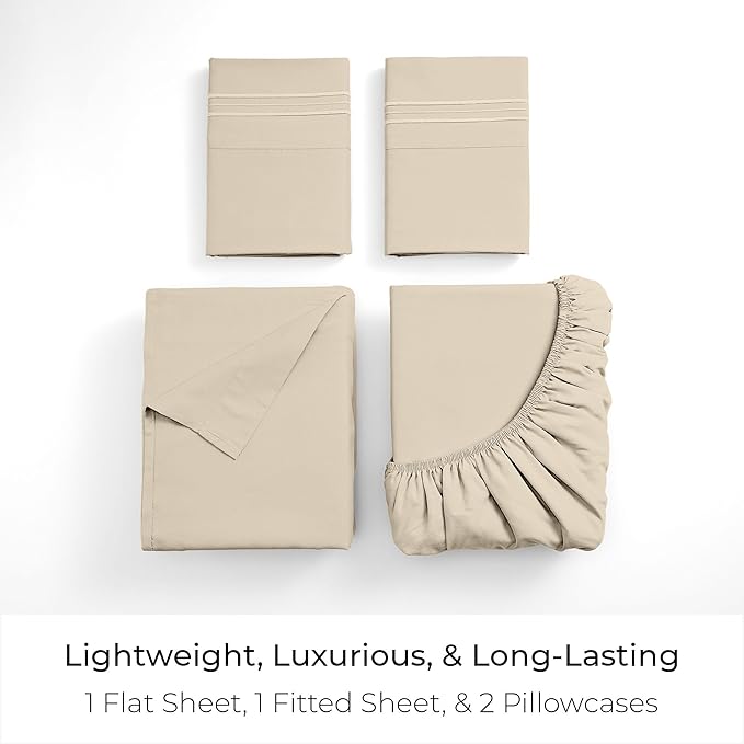 Mellanni King Sheets Set - 4 PC Iconic Collection Bedding - Hotel Luxury, Extra Soft, Cooling Bed Sheets - Wrinkle, Fade, Stain Resistant (King, Beige)