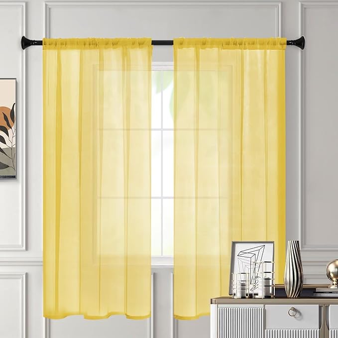 Sheer Curtains 72 Inches Long 2 Panels, Rod Pocket Short Curtain for Kitchen, Bedroom, Cafe Window(Yellow 38" W x 72" L)