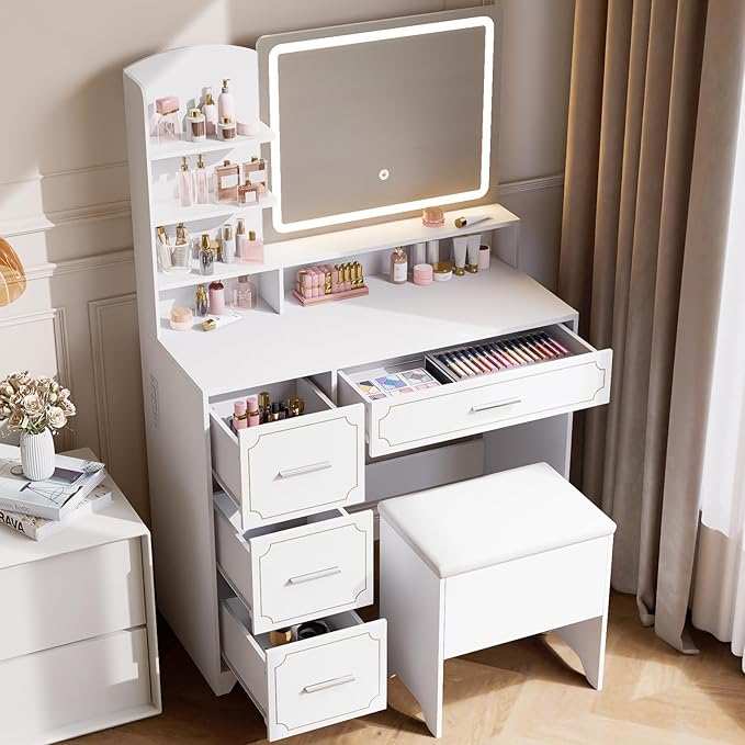 Vanity Table with LED Mirror & Power Outlet - 5 Open Shelves, 4 Drawers - Includes Padded Stool - Ideal Bedroom Makeup Dressing Table (White)
