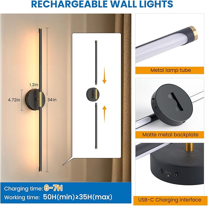 NIORSUN 34 Inch Battery Operated Wall Sconce Set of 2, Black-Gold Round Base Rechargeable Wall Lights with Remote, 3CCT Dimmable Wireless Wall Sconces for Living Room Bedroom Hallway