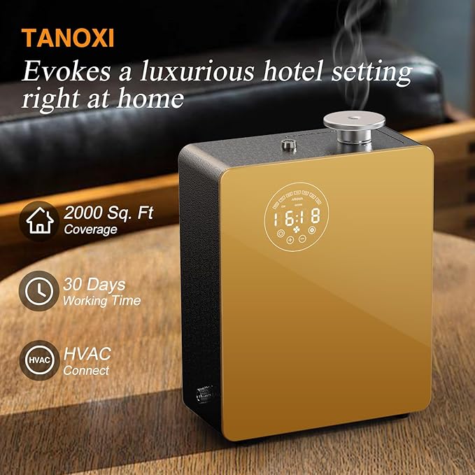 Smart Waterless Diffuser - Scent Air Machine for Home & Commercial Use, Covers 3000 sq. ft., Nebulizing HVAC or Portable Large Room Waterless Diffusers, Touch & Bluetooth Control, Metal, Golden
