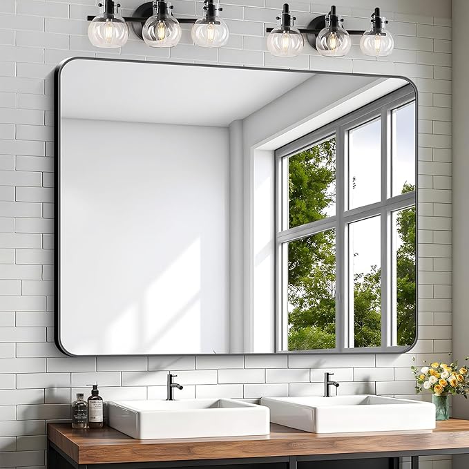 KOCUUY 40"x48" Large Rectangle Vanity Mirror, Black Metal Frame Mirror with Rounded Corner, Modern Design of Upgraded Shatterproof Glass for Bathroom, Bedroom, Living Room, Entryway