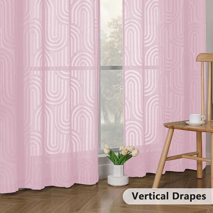 Simplebrand Blush Pink Sheer Curtains 54 Inch Length 2 Panels, Geometric Mid Century Jacquard Clip Textured Short Curtains Sheer for Bedroom, Light Filtering Rod Pocket Curtains, 42Wx54L Inches