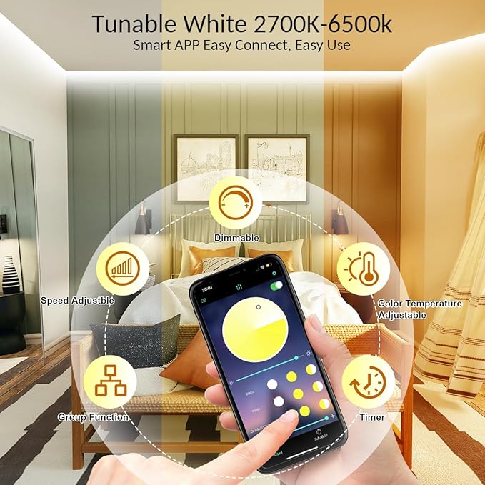 White LED Strip Lights, 100ft Dimmable Bright 24V Led Tape Light with Remote and App Control, 2700K-6500K White 1800 LEDs Lights for Bedroom, Kitchen, Ceiling (2 Rolls of 50ft)
