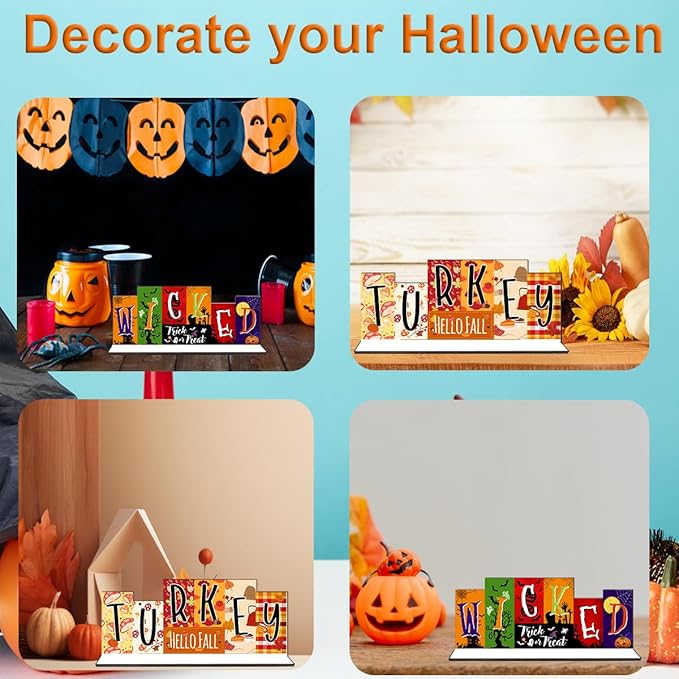 Double-sided Halloween Table Decorations Thanksgiving Tiered Tray Decor Wooden Table Sign, Fall WICKED Party Trick Decoration Tabletop Centerpiece Turkey for Desk Tiered Tray shelf Decor