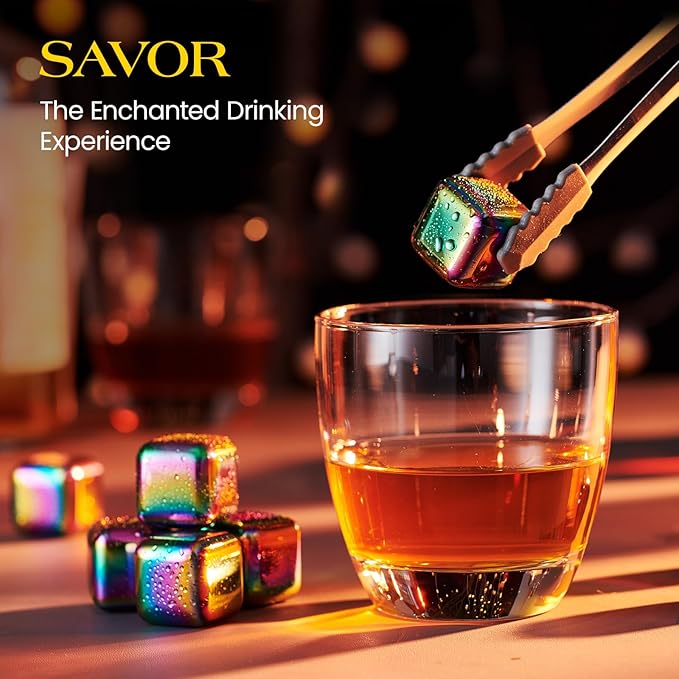 Kollea Whiskey Stones, 8 PCS Multicolor Stainless Steel Whiskey Chilling Rocks, Reusable Ice Cubes for Bottle Drinking, for Men Dad, Boyfriend, Bourbon, Cocktail Bar, Fathers, Anniversary