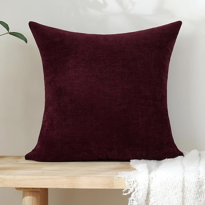 Jeneoo Burgundy Red Decorative Throw Pillow Covers Soft Chenille Comfy Square Couch Cushion Cases for Living Room Sofa Decor (Set of 2, 18 x 18 Inches)