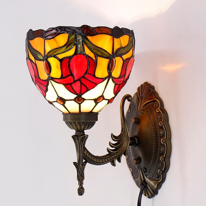 Tiffany Wall Sconce Lamp Blue Stained Glass Flower Style 8X10.5X11 Inch Plug in Wall Bedside Light for Hallway Bedroom (Tulips Style)