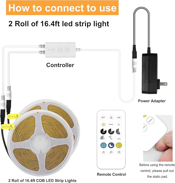 32.8ft COB LED Strip Light Warm White, High Bright LED Strips with 320LEDs, RF Remote and UL Power Supply, 2700K Dimmable LED Lights for Bedroom,Kitchen, DIY Home Decoration, 2 Rolls of 16.4ft