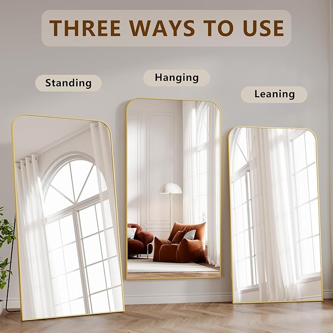 Koonmi Full Length Mirror, 78"x35" Mirror Full Length with Stand, Gold Domed Top Square-Edged Floor Mirror with Aluminum Alloy Frame for Bedroom Living Room
