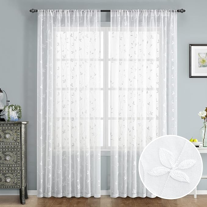 HOMEIDEAS White Sheer Curtains 52 X 96 Inches Length 2 Panels Embroidered Vine Floral Pattern Pocket Faux Linen Semi Sheer Voile Window Drapes for Bedroom Living Room