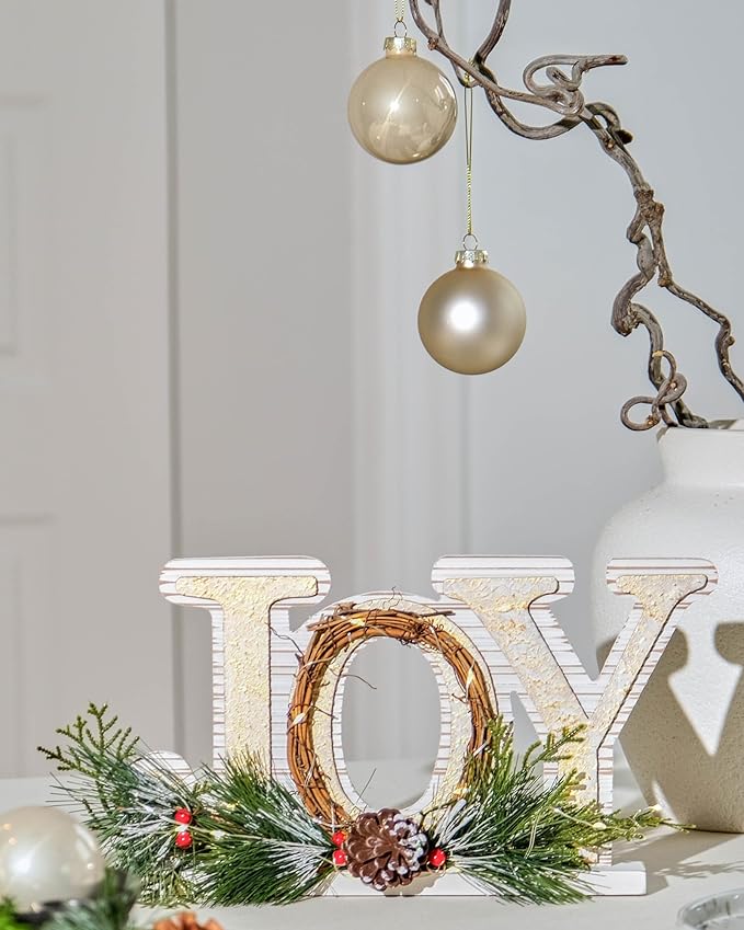 DN DECONATION Rustic Wooden Tabletop Christmas Joy Sign Decoration-White and Gold Xmas Joy Decorated with Needle Pine Branch, Pine Cone & Red Berries for Home Farmhouse Fireplace Mantel Decor