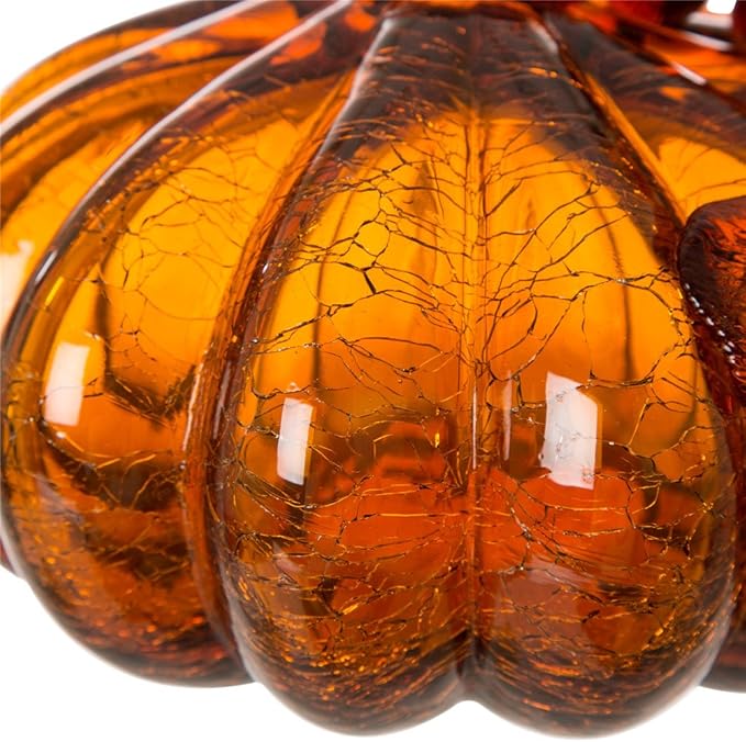 Glitzhome 5.51" H Amber Hand Blown Crackle Glass Pumpkin for Fall Harvest Thanksgiving Halloween Decoration
