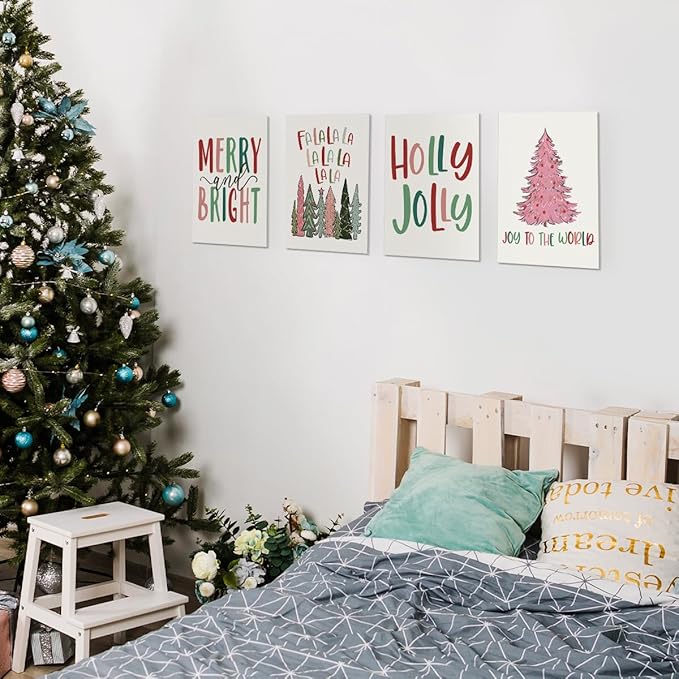 Wheatwin Pastel Christmas Decor, Funny Christmas Tree Wall Art Prints Set of 4, Trendy Decor Christmas Gifts for Bathroom Farmhouse Living Room Bedroom, 8x10 (Unframed)