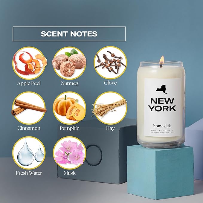 Homesick Scented Candles for Home (New York) - 13.75 oz Long-Lasting Soy Wax Jar Candle for Women & Men for All Occasions, 60-80 Hours Burn Time - Notes of Nutmeg, Cinnamon & Clove