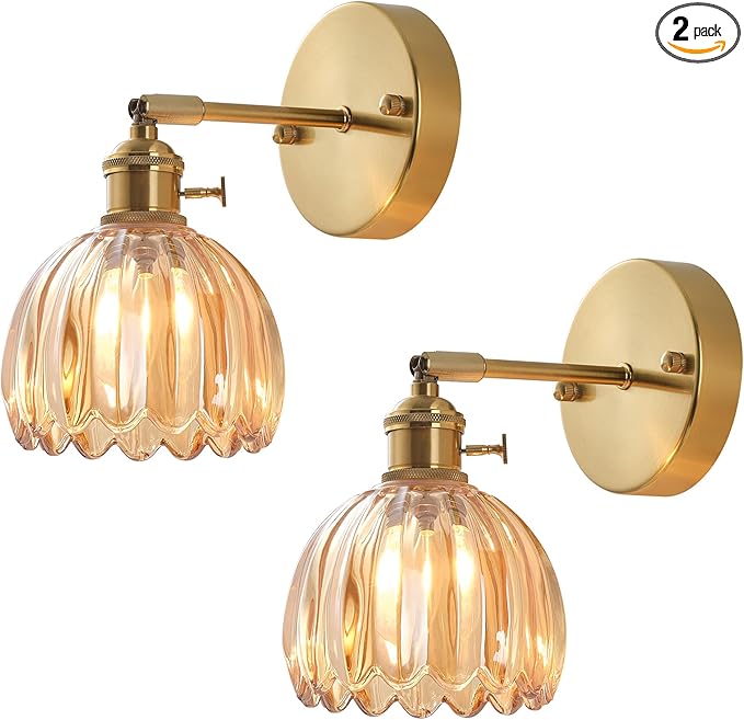 Plug in and Hardwired Wall Sconces, Luxury Vintage Tulip Crystal Glass Shade Wall Light with Switch for Bedside Bedroom Living Room (Tulip-Amber, 2)