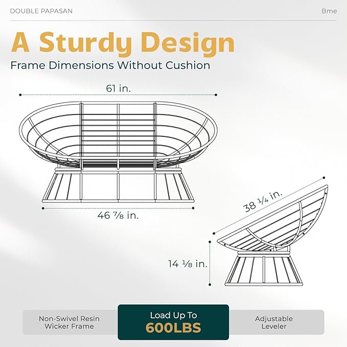Bme Double Papasan Chair, 600lbs Capacity, Ergonomic Design, Soft Thick Fabric, Bee-Designed Base, Durable Steel, 61", Black Cushion-Black Frame