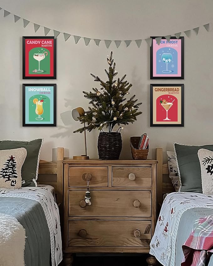 Wheatwin Retro Cocktail Christmas Wall Art Prints Set of 4, Funny Gingerbread Alcoho Wine Glass Print Cute Preppy Posters Aesthetic, Dorm Bar Party Kitchen Decor, 12x16 (Unframed)