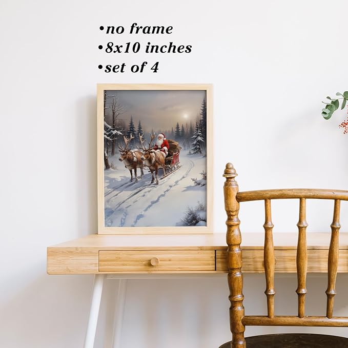 Boat Wades Farmhouse Winter Christmas Wall Art Prints Set of 4, Retro Xmas Santa Sleigh Snowy Forest Posters Pictures Wall Decor for Bedroom Living Room Office, Christmas Home Decor, 8x10 Unframed
