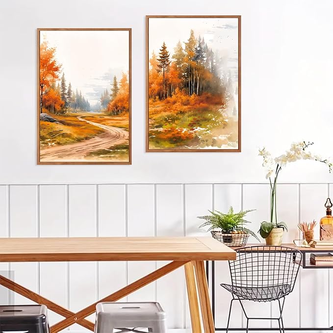 LHIUEM Rustic Autumn Landscape Canvas Wall Art set of 3(12”X16”)Maple Leaf Road Forest Framed Wall Decor,Retro Orange Fall Nature Scenery Vintage Thanksgiving Art Print for Office Living Room Bedroom