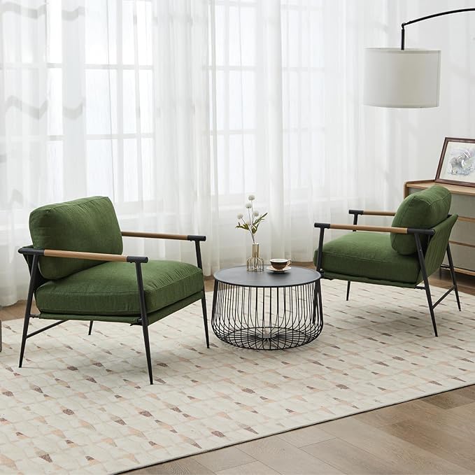 DUOMAY Mid-Century Modern Accent Chairs Armchairs Set of 2, Soft Linen Fabric Sofa Lounge Chairs Reading Chairs with Metal Leg for Living Room Bedroom Office, Green