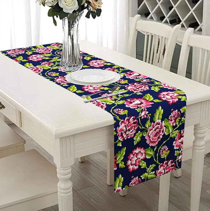 Decozen Table Runner - Japanese Print Floral Design Perfect for Kitchen Dining Room Home Decor Console Table Farmhouse - Navy Blue