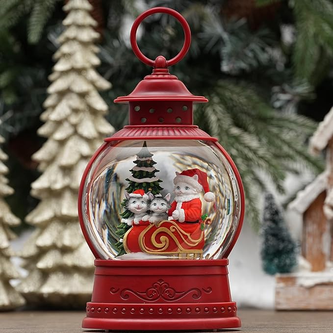 Christmas Santa Snow Globes, Cat Family Musical Snow Globe Light up Swirling Glitter Snow Globe Red Lantern with Timer, Christmas Tree Holiday Party Gifts and Decorations, USB & Battery Operated