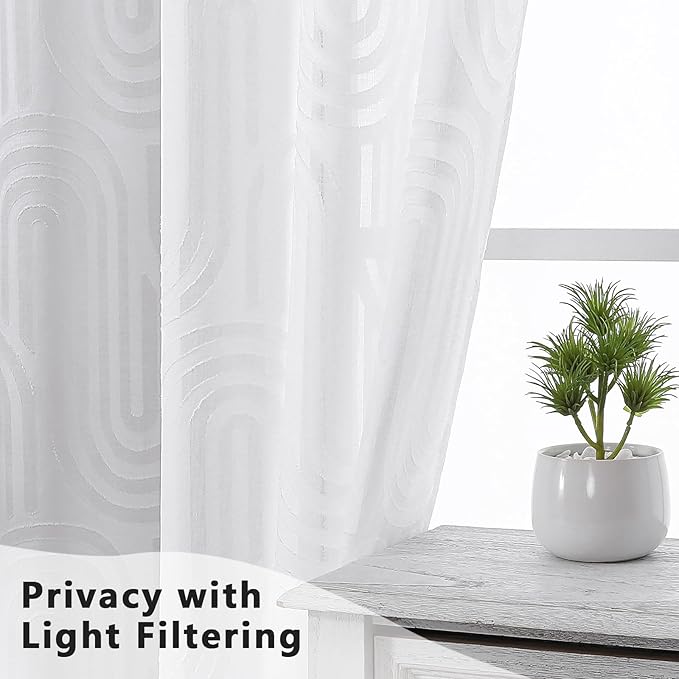 Simplebrand Sheer White Kitchen Curtains 36 Inch Length 2 Panels Set for Window, Soft Airy Geometric Jacquard Semi Sheer Curtains for Bathroom, Modern Rod Pocket Window Curtains, 42Wx36L Inches