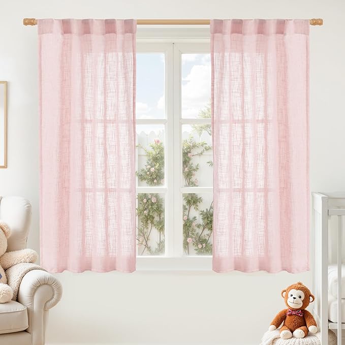 LAMIT Pink Linen Curtains 45 Inch Length 2 Panels, Light Filtering Panels Back Tab and Rod Pocket Country Decor Drapes for Kitchen/Window/Loft Room/Bedroom, 34 x 45 Inch