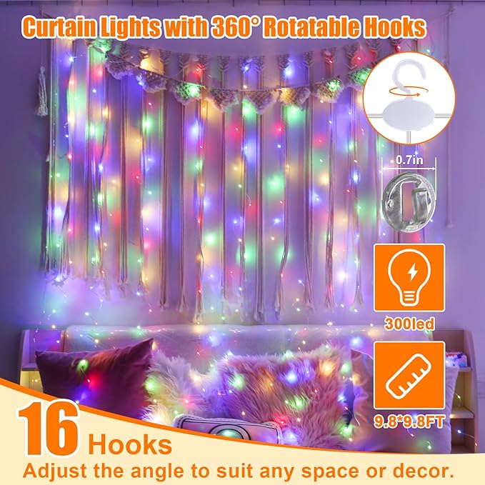 Curtain String Lights, Multicolor Curtain Light for Bedroom, USB Powered 8 Modes Remote Fairy Light for Home Wedding Party Decor