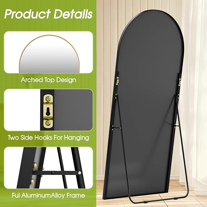 SUNQUEEN 71"x28" Floor Mirror Full Length, Arched Full Length Mirror with Stand, Full Body Mirrors for Bedroom Living Room or Cloakroom Black