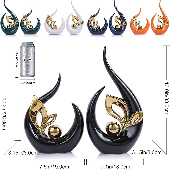 13" H Black Gold Abstract Sculptures Home Decor, Ceramic Art Statue Cool Stuff to Put on Shelves&tv Stand Decor, Gold Accent Entertainment Center, for Fireplace Coffee Table Dining Table Decorate