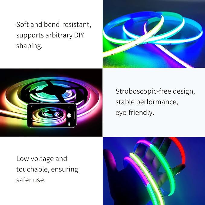 COB RGB Smart IC Strip Lights 40FT LED Strip Lights RGB+IC LED Strip Lights with RF Control Music Sync COB RGB LED Light for Bedroom Gaming Party Home Decor 2×20FT Rolls