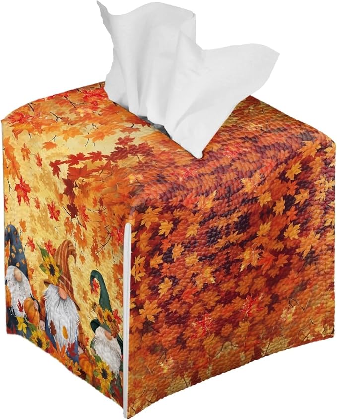 Maple Leaves Elf Tissue Box Holder Square Pu Leather Tissues Cube Box Cover Modern Decorative Thanksgiving Facial Napkin Holder Case for Car Kitchen Bedroom Bathroom