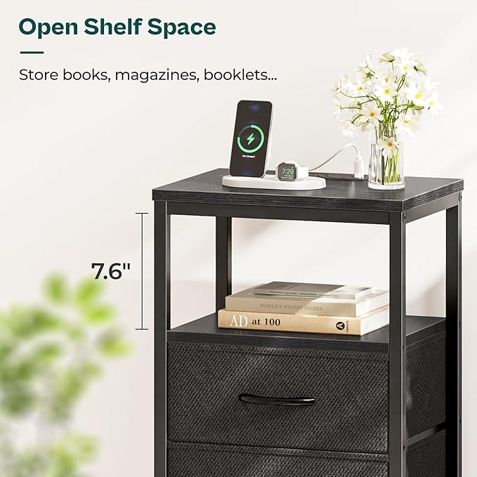 Huuger Nightstand with Charging Station, Side Table with 2 Fabric Drawers, End Table with Open Shelf, Bedside Table with USB-C Port and Outlets, Night Stand for Bedroom, Black