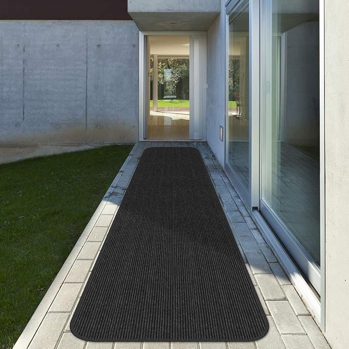 House, Home and More Indoor Outdoor Double-Ribbed Carpet Runner with Skid-Resistant Rubber Backing - Smokey Black - 4 Feet x 40 Feet