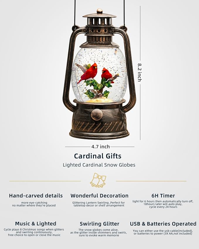 Cardinal Christmas Snow Globes Musical Lighted with 6H Time Red Bird Snow Globe Lantern Glittering,Memory Cardinal Snow Globe Gifts for Christmas Decorations
