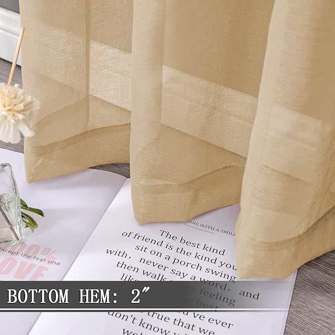 Tollpiz Short Sheer Curtains Living Room Linen Textured Curtain Sheers Light Filtering Voile Rod Pocket Curtains for Bedroom, 38 x 45 inches Long, Beige, Set of 2 Panels