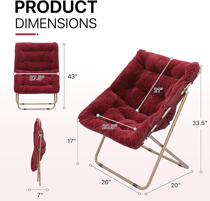 Athena Collection Saucer Chair for Adult, Square Comfy Cozy Chair Folding Chair Faux Fur Metal Frame Foldable Reading Chair Accent Chair for Bed Room Living Room, Brown