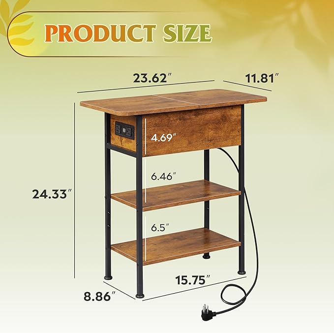 WLIVE End Table with Charging Station, Flip Top Side Table with Storage Shelf, Sofa Couch Table with USB Ports and Outlets, Narrow Bedside Table for Living Room, Bedroom ,11.81"D x 23.62"W x 24.33"H