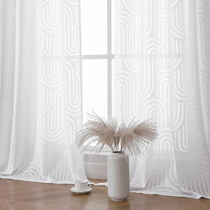 Simplebrand White Sheer Curtains 96 Inches Long 2 Panels for Living Room, Jacquard Clip Textured Geometric Mid Century Sheer Curtains, Light Filtering Elegant Long Curtains Sheer, 42" Wx96 L