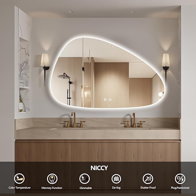 Niccy Irregular LED Bathroom Mirror, 30"x48" Asymmetrical Backlit Vanity Wall Mirrors, Frameless Lighted Mirrors for Bedroom, Living Room, Modern Smart-Mirror with Anti-Fog, Dimmable, Memory Function