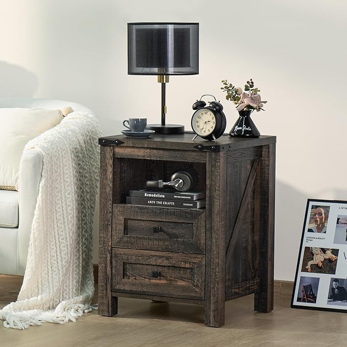 Nightstand with Charging Station and USB Port, Farmhouse Side End Table with 2 Drawers and Shelf Storage, Wooden Sofa Table, Bedside Cabinet for Bedroom, Living Room, Closet, Office (Dark Oak)