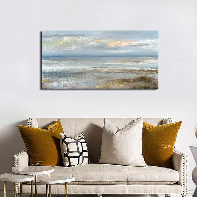 Abstract Wall Art Large Canvas Pictures Modern Blue Ocean Artwork on Canvas Prints Wall Decoration for Living Room Bedroom Bathroom Kitchen Office Home Wall Decor Framed Ready to Hang 29" x 58"