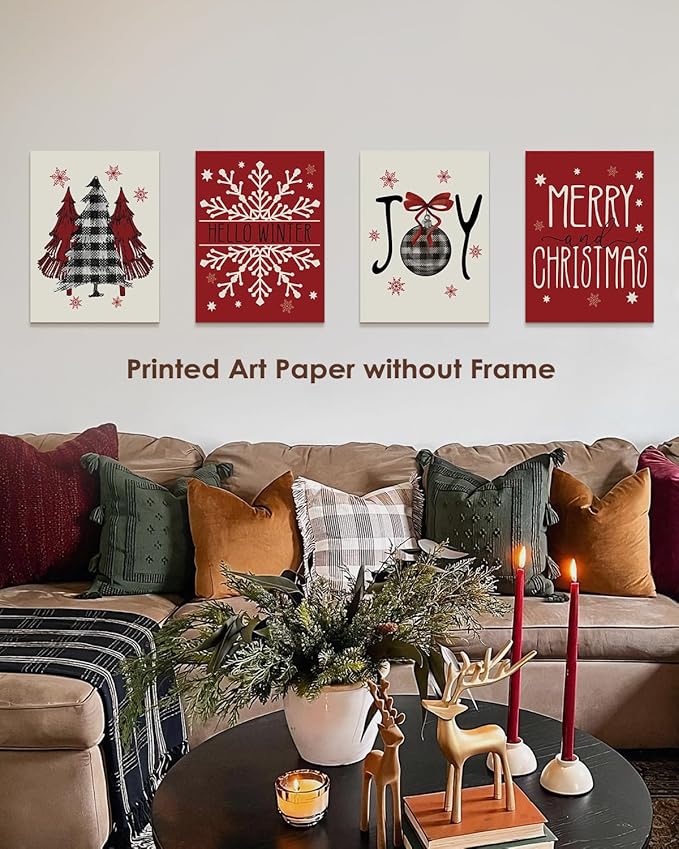 Wheatwin Christmas Wall Decor, Merry Christmas Wall Art Prints Set of 4, Winter Decor for Bathroom Farmhouse Living Room Bedroom Office, 8x10 (Unframed)