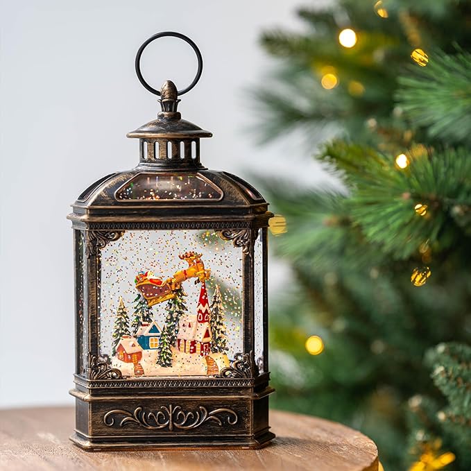 Christmas Snow Globe Lighted Church & Flying Santa Scene, Musical Snow Water Lantern Swirling Glittering Home Decoration and Gift, Battery Operated or USB Powered