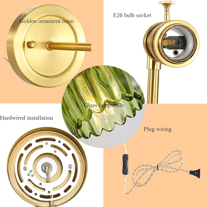 Plug in Vintage Wall Sconces Set of 2, 180 Degree Adjustable Brass Vanity Lights Fixture with Green Tulip Glass Lampshade, Modern Wall Lighting for Bedside Bedroom Bathroom