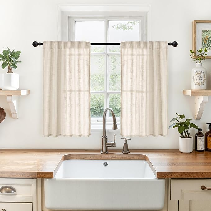 YoungsTex Linen Semi Sheer Curtains 36 Inch Length for Kitchen Cafe Window, Short Light Filtering Drapes Half Window with Rod Pocket Back Tab for Bathroom, Oatmeal, 2 Panels, 34 X 36 Inch