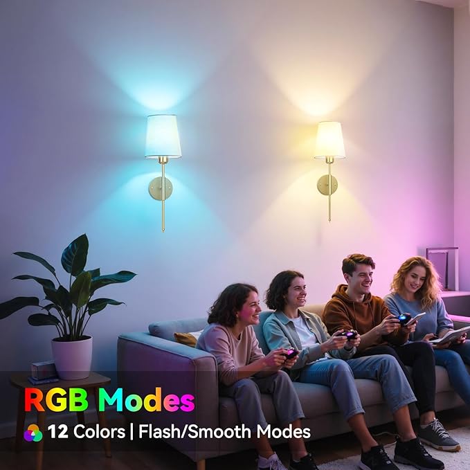 20 inch Battery Operated Wall Sconces Set of 2, Wireless Wall Lights with Rechargeable Bulbs & Remote, 15 Colors & Dimmable, Battery Powered Wall Lights for Bedroom, Living Room, Hallway, Gold
